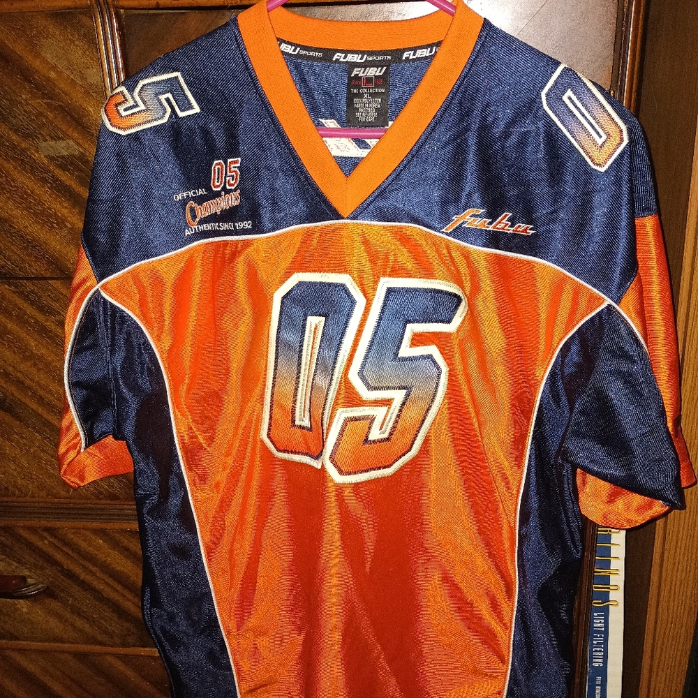 MEN'S VINTAGE FUBU 05 ORANGE AND BLUE V-NECK SIZE XL JERSEY